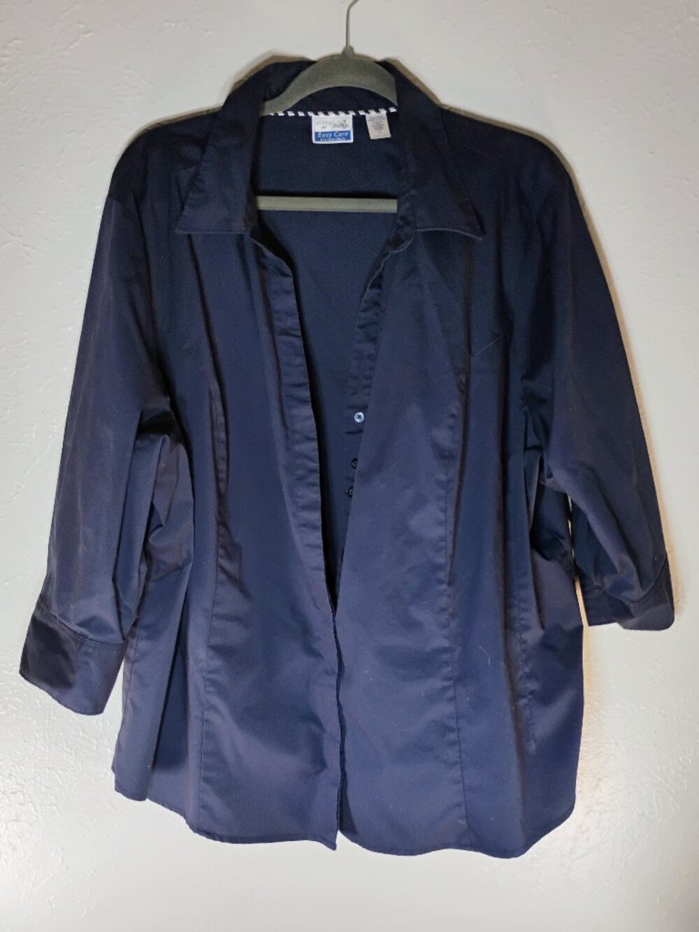 Lee Riders Navy Blue Button Up Shirt 3/4 Sleeve Stretch Collared Women's Size 3x